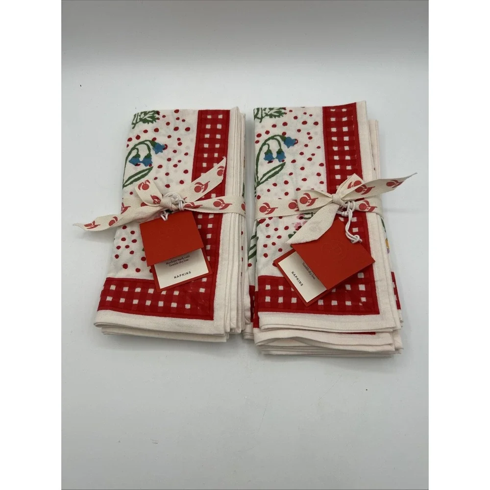 Pomegranate Cotton Napkins 20x20 Green Vines Geometric Hand Block Print 8 Pack